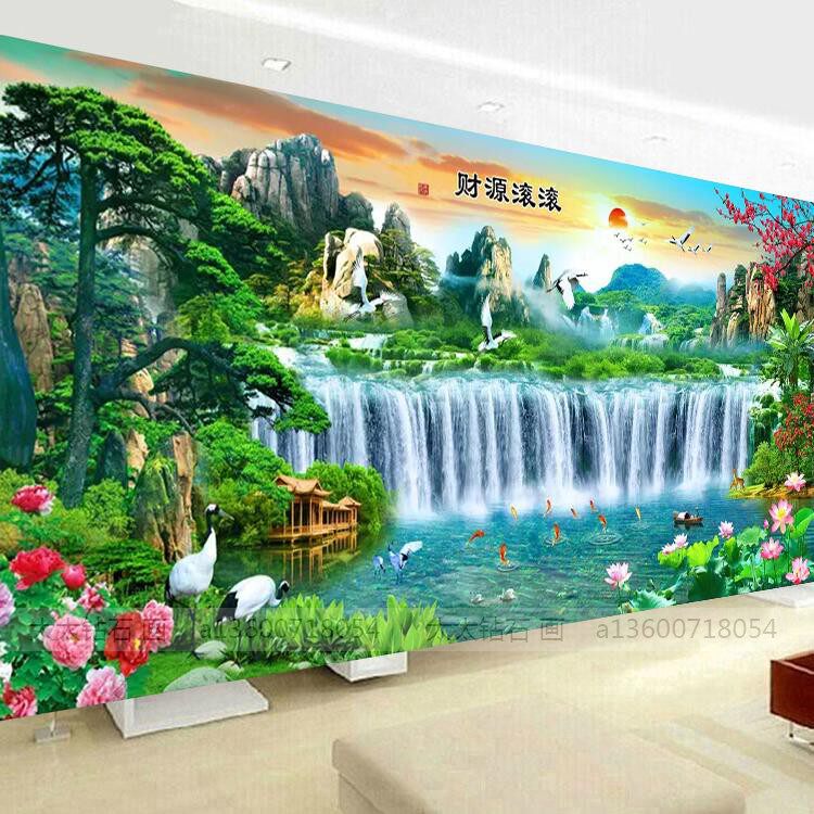 2018新款客厅方钻满沾贴钻石画点钻十字绣财源滚滚迎客松流水生财