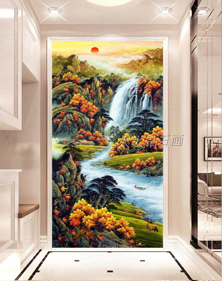 客厅走廊全满贴钻钻石画点钻十字绣黄金旭日东升流水生财玄关竖版
