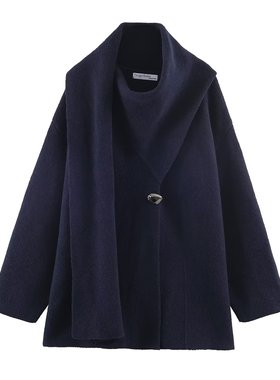 9598189女毛衣配围巾带极简风围巾式宽松气质百搭纽扣外套针织衫