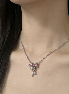 甜美蝴蝶结爱心水滴吊坠钛钢项链女银色轻奢小众设计颈链2026春款