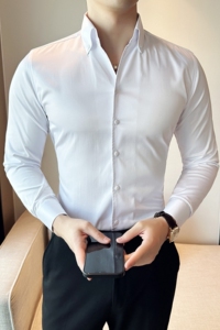 韩版修身长袖衬衫 时尚个性免烫V领衬衣黑色A445-CS8005-P35图片