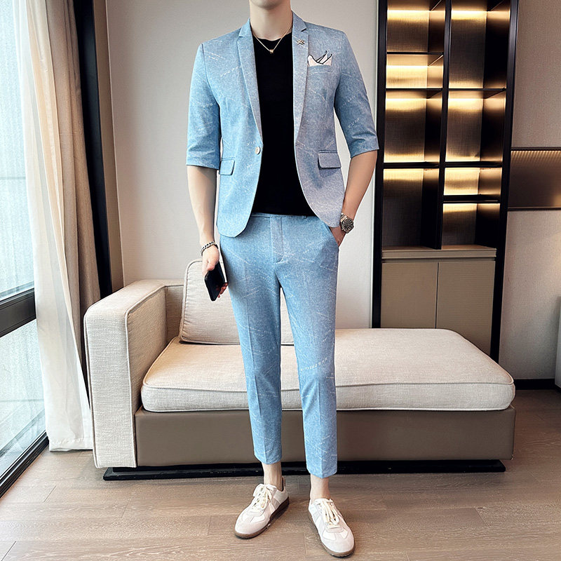 男士七分袖小西装韩版修身中袖西服九分裤两件套A445-TZ8516-P200,男装西服套装,电商A445