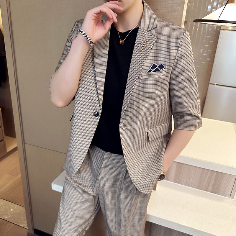 夏男士宽松中袖西装七分袖格子西服短裤两件套A445-DT051-P200,男装牛仔裤,电商A445