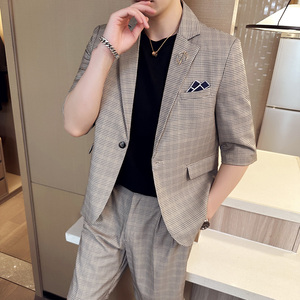 夏男士宽松中袖西装 七分袖格子西服短裤两件套A445-DT051-P200图片
