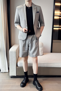 男士宽松中袖西装 七分袖格子西服短裤两件套灰色A445-DT051-P200图片