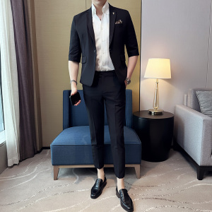 男士七分袖西服套装 修身中袖西装九分裤两件套 A445-TZ8511-P180图片