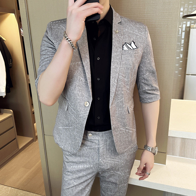 男士韩版修身七分袖小西装中袖西服九分裤两件套A445-TZ8516-P200,男装西服套装,电商A445