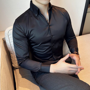 韩版修身长袖衬衫 时尚个性免烫休闲V领衬衣黑色A445-CS8005-P35图片