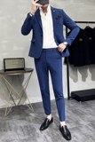 新款十色韩版休闲小西装西服套装两件套全身图深蓝-LJT09-P210，男装西服套装，电商A445