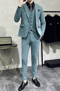 新款十个颜色 韩版休闲小西装 西服套装三件套 淡青色-SJT09-P275图片