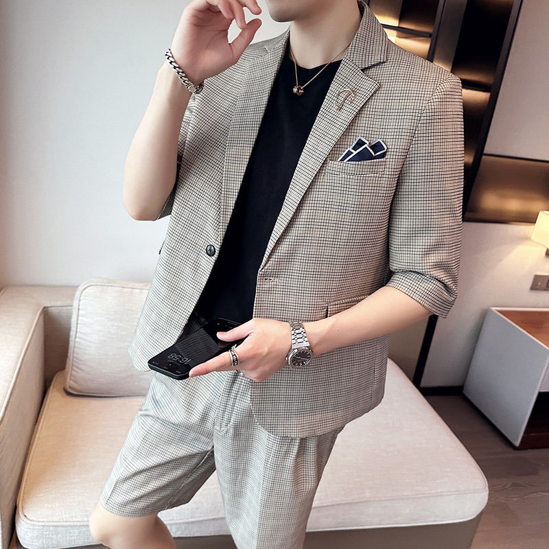 男士宽松中袖西装七分袖时尚格子西服短裤两件套A445-DT051-P200，男装牛仔裤，电商A445