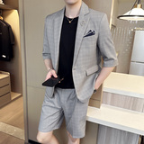 夏男士宽松中袖西装七分袖格子西服短裤两件套A445-DT051-P200，男装牛仔裤，电商A445