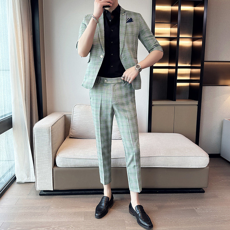 夏季男休闲七分袖小西装修身格子中袖西服两件套A445-TZ8515-P200，男装西服套装，电商A445