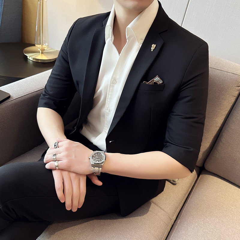 韩版修身七分袖西装套装中袖西服九分裤两件套A445-TZ8511-P180，男装西服套装，电商A445