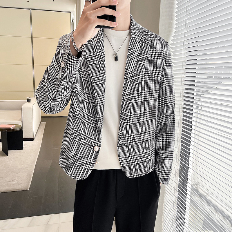 秋季时尚休闲小西装宽松轻熟风千鸟格西服外套A445-DK65单西-P145，男装西服套装，电商A445