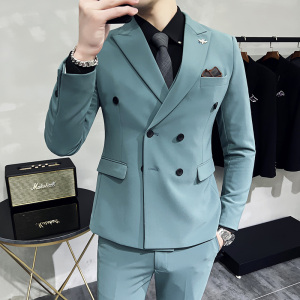 新款十个颜色 双排扣小西装 西服套装三件套 墨绿色 SJT10-P275图片