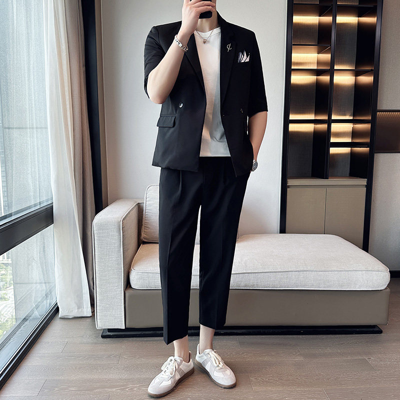 男士七分袖西装外套双排扣宽松中袖西服套装A445-TZ066-P200，男装西服套装，电商A445