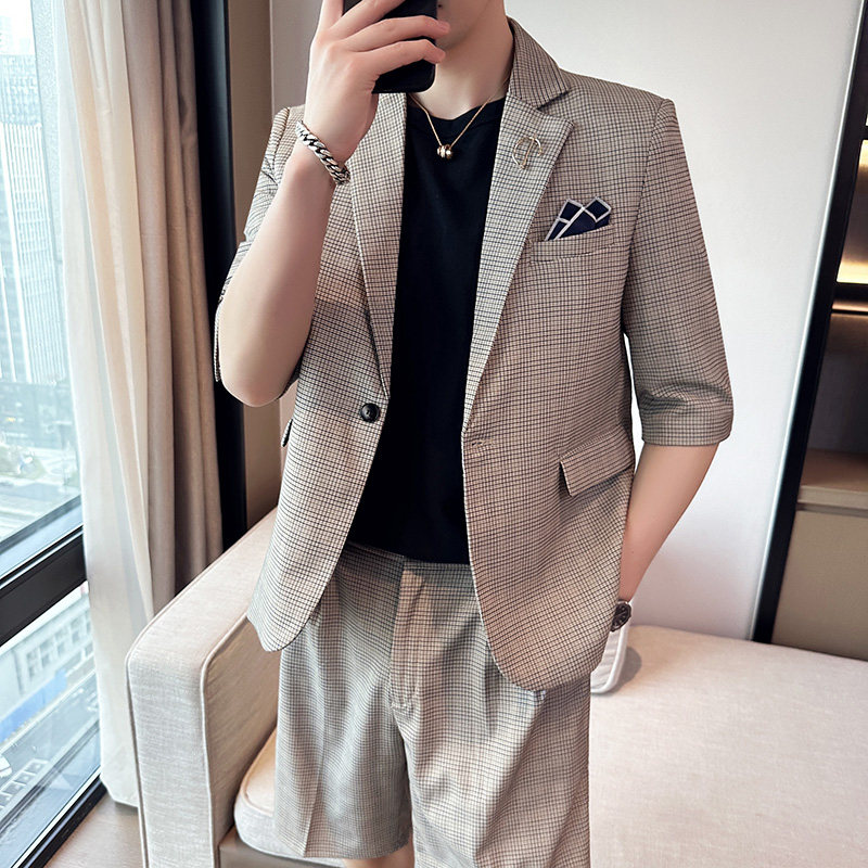男士宽松中袖西装外套七分袖格子西服短裤两件套A445-DT051-P200,男装牛仔裤,电商A445