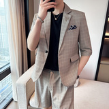 男士宽松中袖西装七分袖时尚格子西服短裤两件套A445-DT051-P200，男装牛仔裤，电商A445