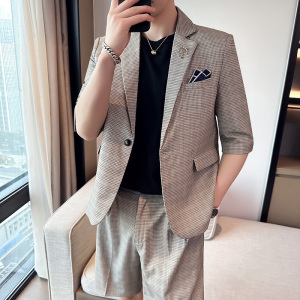 男士宽松中袖西装 七分袖时尚格子西服短裤两件套A445-DT051-P200图片