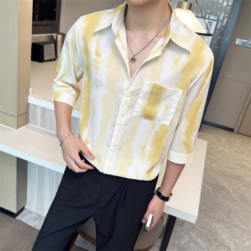 轻熟夏季男士宽松短袖衬衫时尚休闲七分中袖花衬衣A445-DK10-P65,男装T恤,电商A445