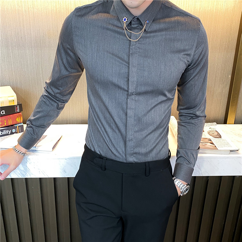 韩版修身长袖衬衫时尚精品发型师衬衣灰A445-CS109-P68,男装衬衫,电商A445