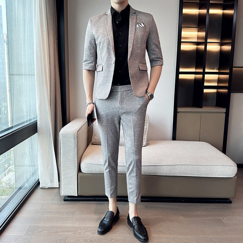 男士七分袖小西装韩版修身中袖西服九分裤两件套A445-TZ8516-P200图片