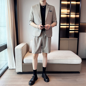 男士宽松中袖西装七分袖格子西服短裤两件套灰色A445-DT051-P200,欧美男性夏季穿搭图片