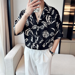轻熟风男士宽松短袖衬衫休闲个性七分中袖花衬衣 A445-DK11-P65图片