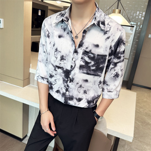 轻熟夏季男士宽松短袖衬衫时尚休闲七分中袖花衬衣 A445-DK10-P65图片