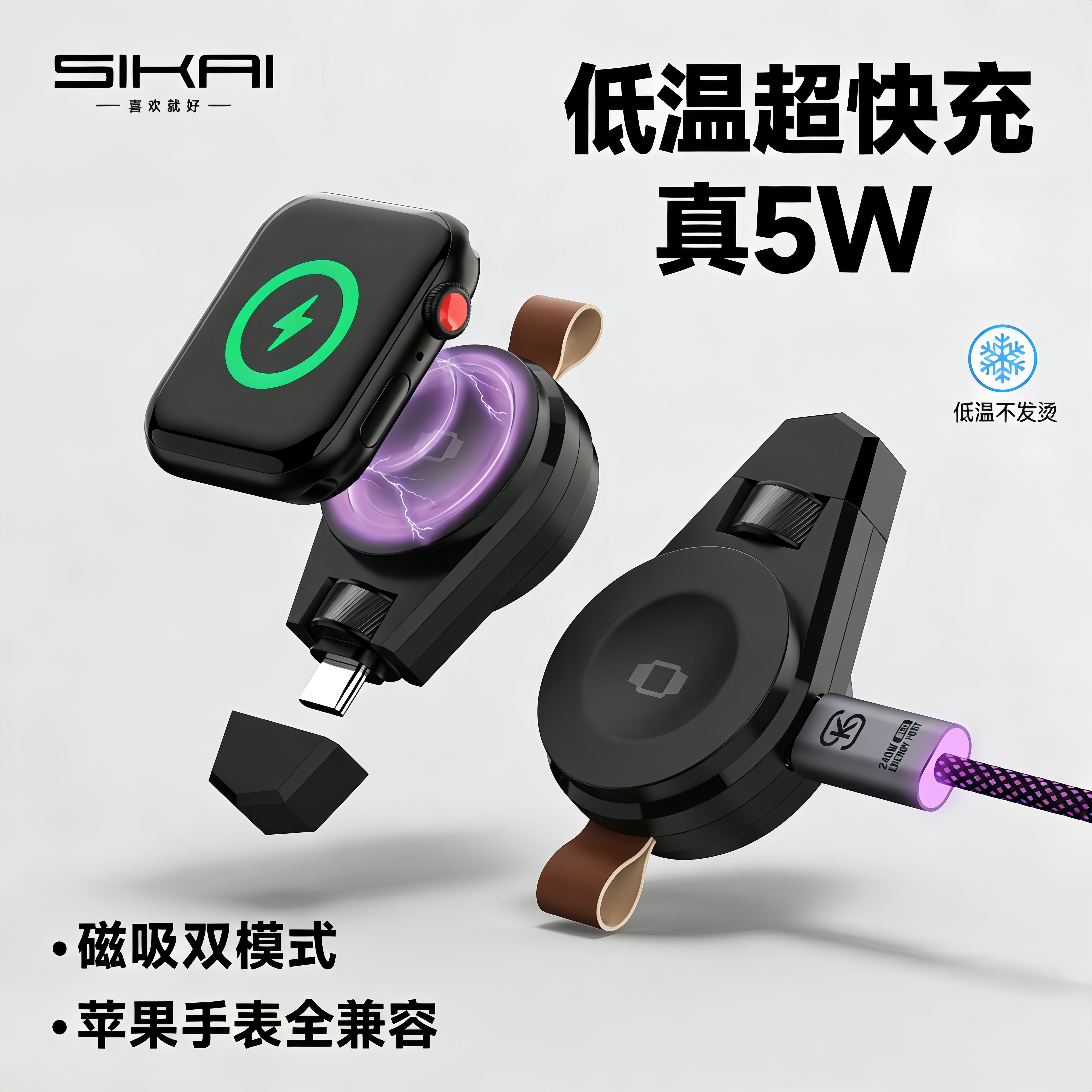 SIKAICASE适用于苹果手表快充充电器applewatchS11/10手表充iwatch ultra3/2充电底座双接口便携充电器