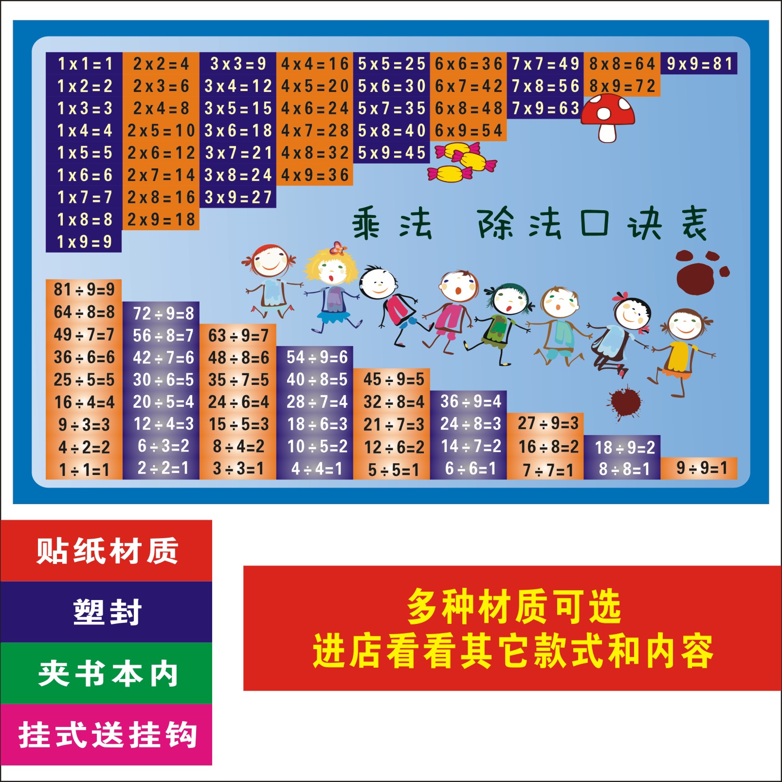 儿童九九乘法口诀表挂图小学生一二年级数学天天练99乘除法表墙贴