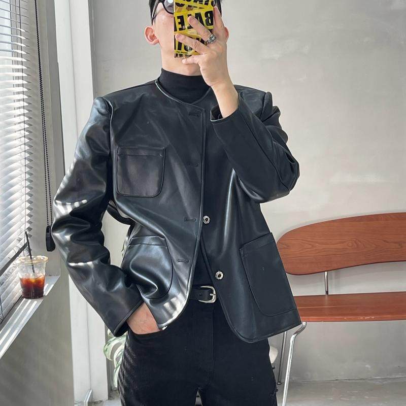 男秋冬高级定制时尚纯色无领形体简约调性小香风皮衣夹克外套,男装,皮衣,淘宝优惠券,粉丝福利购,淘宝优惠卷