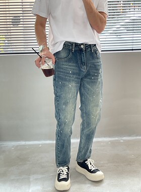 水洗油漆牛仔长裤男修身小脚