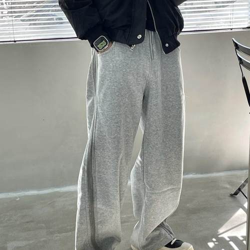 美式高街侧边织带加绒弯刀裤百搭宽松松紧腰休闲潮流直筒裤男大码