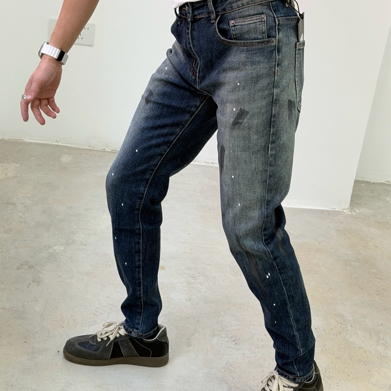 2025美式复古油漆泼墨牛仔裤男潮流时尚修身小脚长裤蓝色
