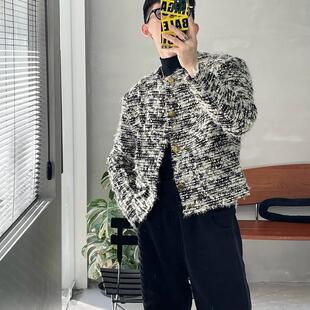 男模穿搭小香风垫肩外套男款韩系穿搭高级感痞帅夹克呢料无领上衣