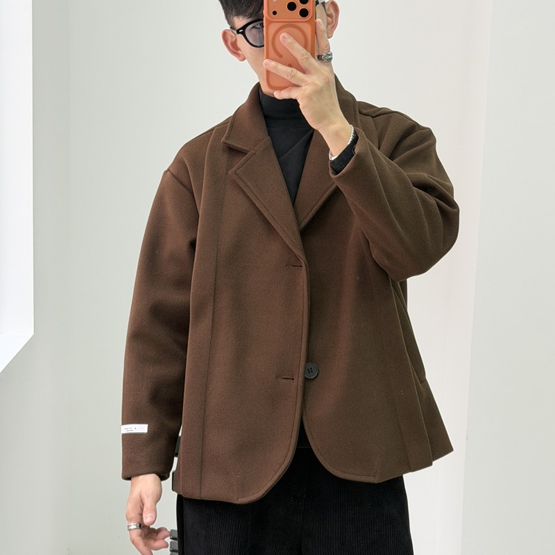 英伦风棕色毛呢西装外套男秋冬加厚韩系宽松短款呢子大衣,男装,毛呢大衣,淘宝优惠券,粉丝福利购,淘宝优惠卷