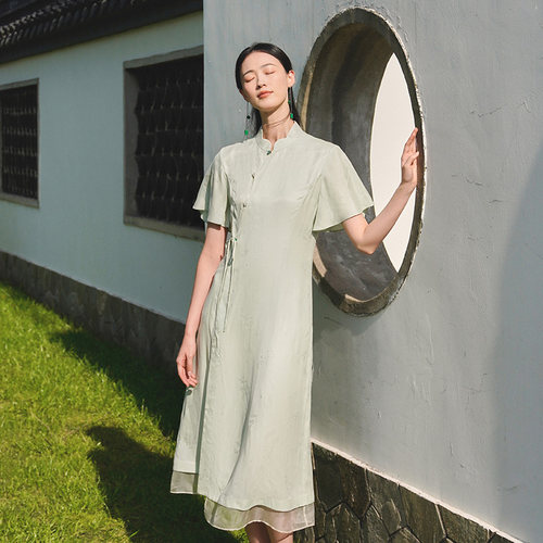 【孤品】生姜 溪摇水绿提花长裙国风改良荷叶袖连衣裙11321724A