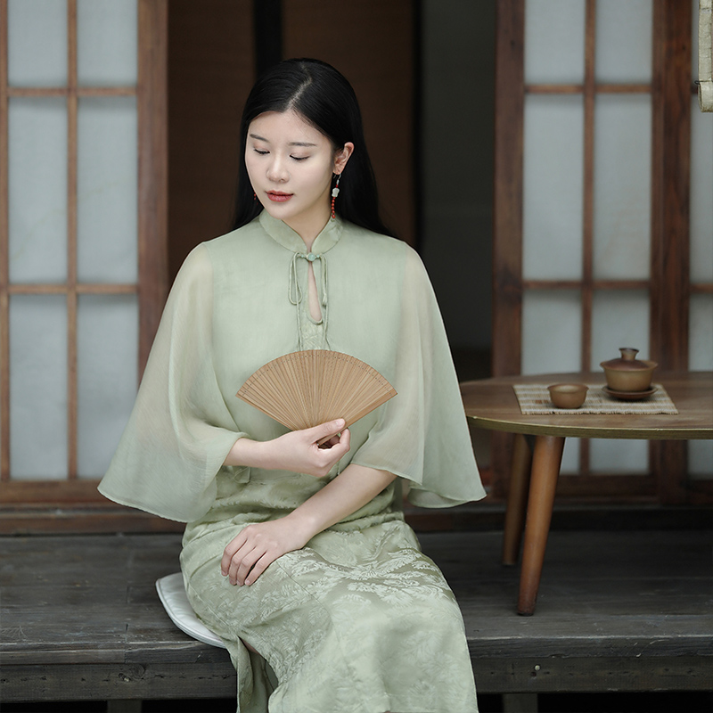 【闪购价】生姜 豆绿提花国风复古优雅披肩旗袍式连衣裙11321606B