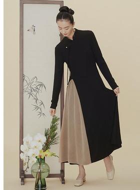 生姜 新中式原创女装精致手工盘口修身长款连衣裙乌黑色11231507A