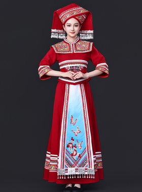 三月三广西壮族民族风演出服女少数民族舞蹈服大裙摆流苏装饰套装