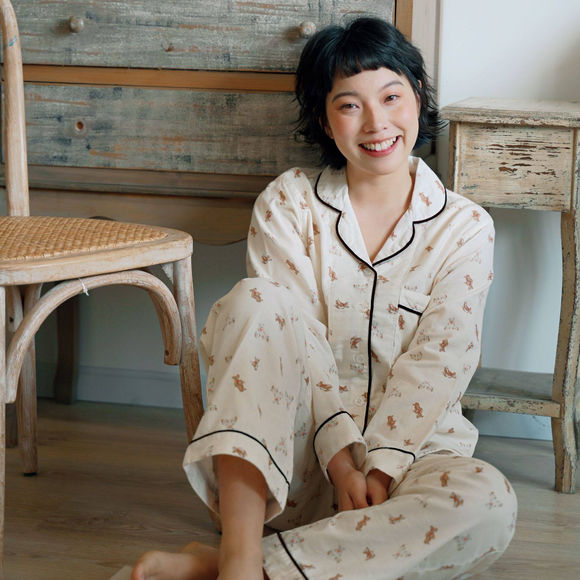 全棉双层棉纱睡衣女春秋款卡通小清新简约长袖开衫家居服套装四季