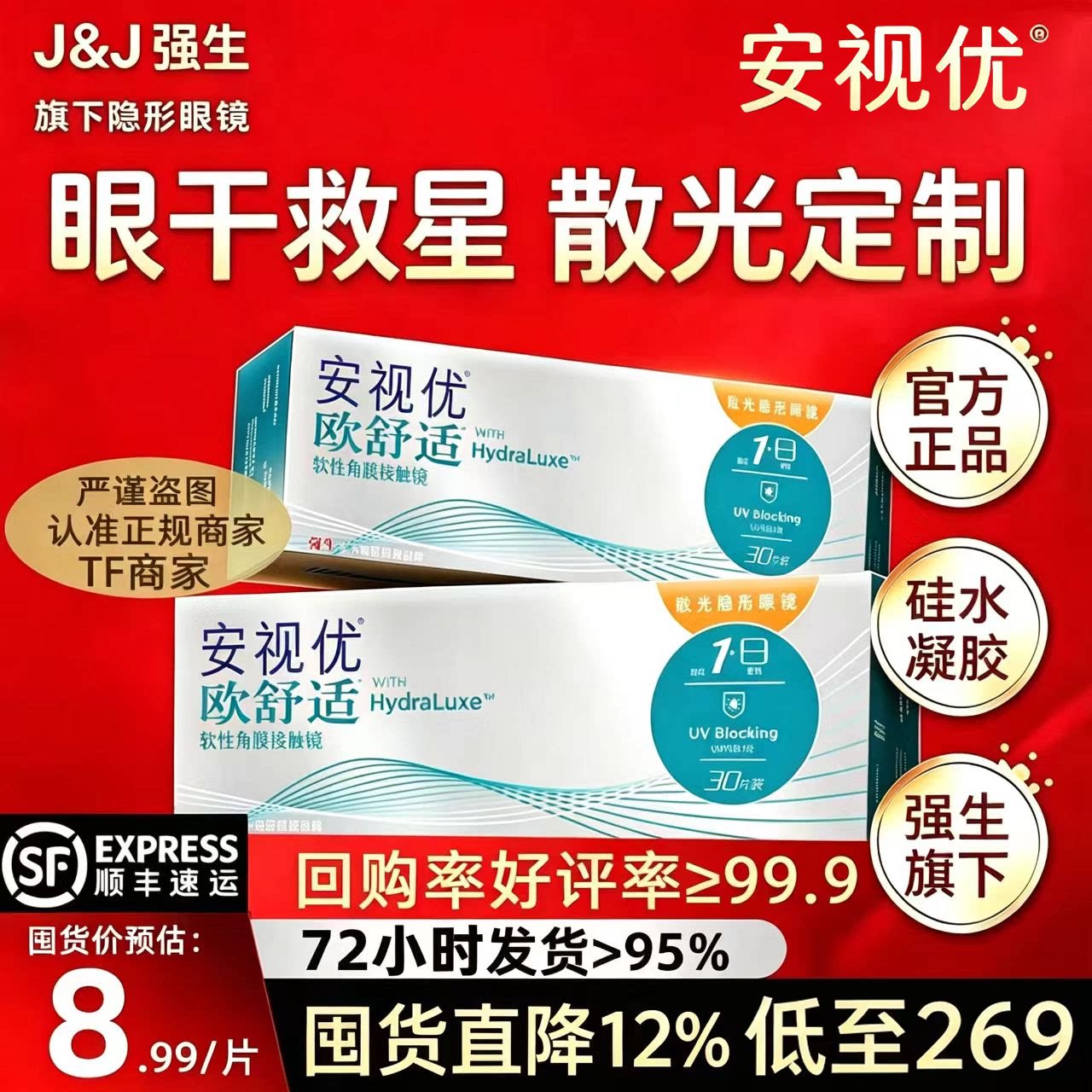 强生欧舒适安视优散光定制近视隐形眼镜日抛30片硅水凝胶高透氧TF图片