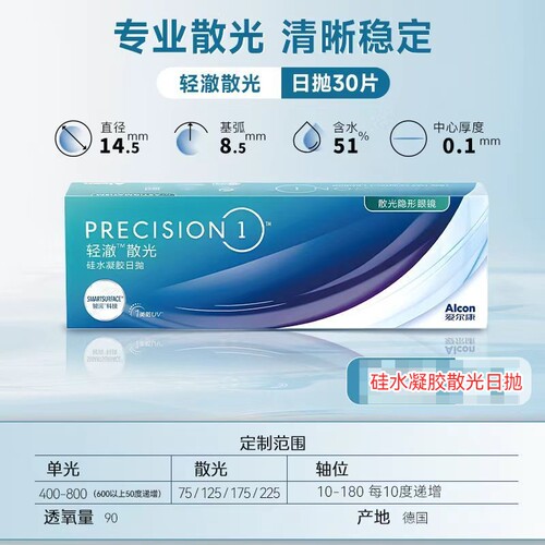 爱尔康轻澈散光日抛30片定制】散光隐形近视眼镜硅水凝胶高透氧AM