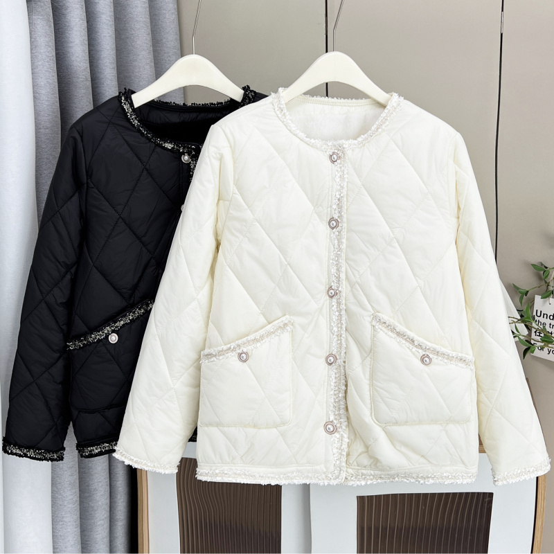 大码小香风棉服200斤秋冬菱格绗缝显瘦宽松胖mm粗花呢边圆领外套