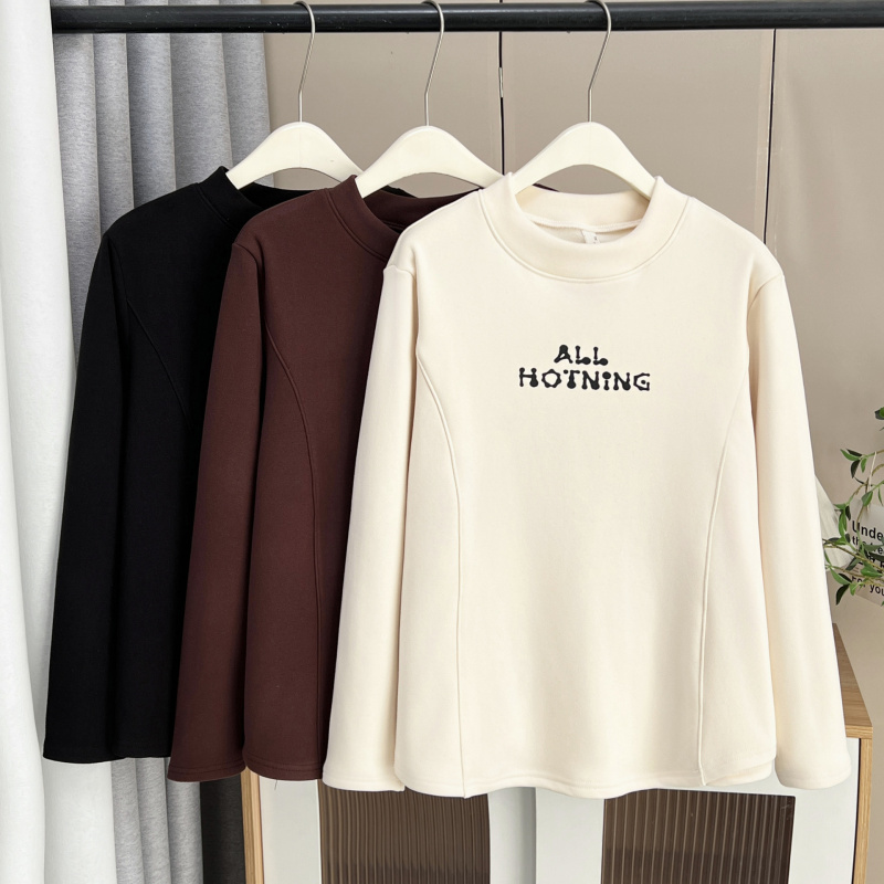 大码半高领加绒打底衫女200斤秋冬字母印花内搭胖mm保暖长袖上衣