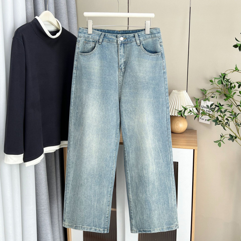 大码浅蓝阔腿牛仔裤女200斤秋冬加绒遮肉胖mm宽松直筒牛仔休闲裤