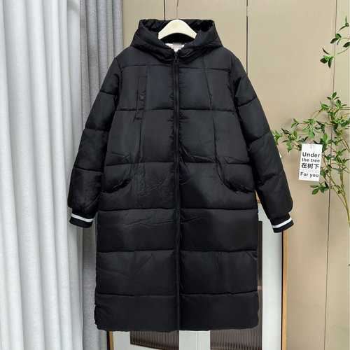 2025冬季新款女装200斤胖妹妹简约长款纯色时尚连帽棉衣大码棉服