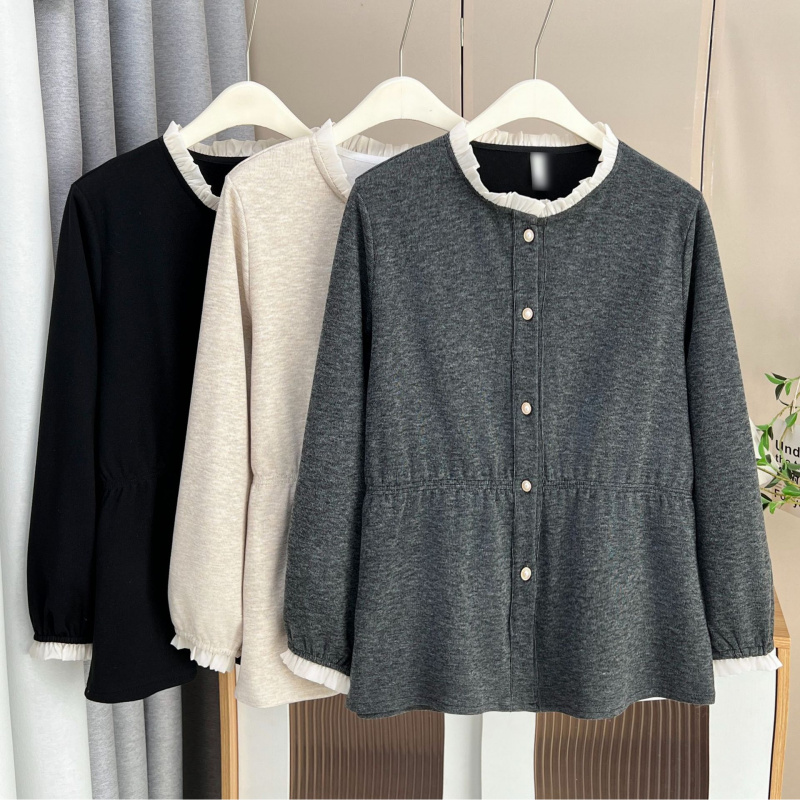 大码木耳边开衫女200斤秋冬加厚胖mm宽松收腰温柔风珍珠扣上衣